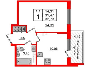 Квартира в ЖК 'Парадный ансамбль', 1 комнатная, 31.47 м², 5 этаж