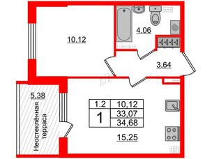 Квартира в ЖК 'Парадный ансамбль', 1 комнатная, 33.07 м², 5 этаж