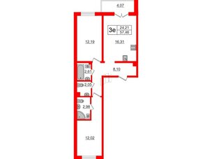 Квартира в ЖК ЛесArt, 2 комнатная, 57.46 м², 3 этаж
