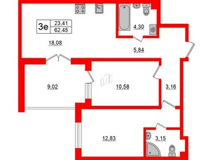 Квартира в ЖК ЛесArt, 2 комнатная, 62.45 м², 2 этаж