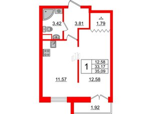 Квартира в ЖК ИЛОНА, 1 комнатная, 33.75 м², 5 этаж