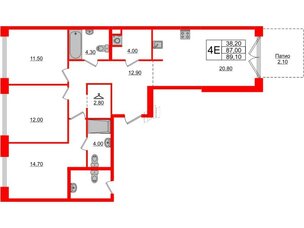 Квартира в ЖК Лермонтовский 54, 3 комнатная, 88 м², 1 этаж