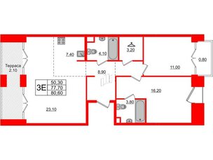 Квартира в ЖК Лермонтовский 54, 2 комнатная, 80.4 м², 7 этаж