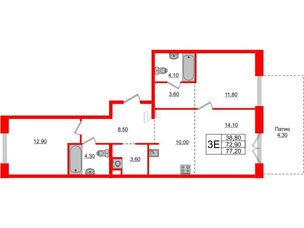 Квартира в ЖК Лермонтовский 54, 2 комнатная, 76.1 м², 1 этаж