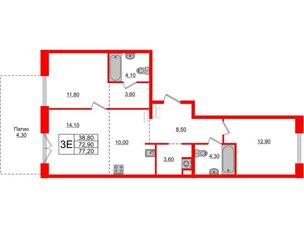 Квартира в ЖК Лермонтовский 54, 2 комнатная, 76.4 м², 1 этаж