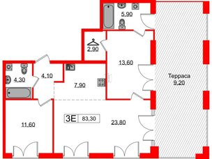 Квартира в ЖК Лермонтовский 54, 2 комнатная, 83.3 м², 7 этаж