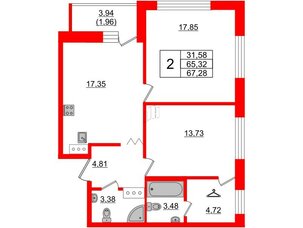 Квартира в ЖК Квартал Уютный, 2 комнатная, 67.28 м², 6 этаж