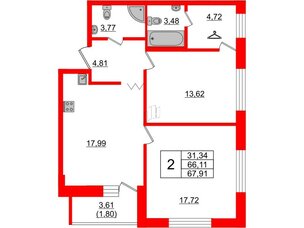 Квартира в ЖК Квартал Уютный, 2 комнатная, 67.91 м², 2 этаж