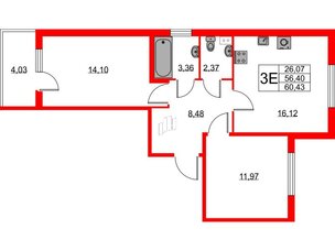 Квартира в ЖК Любоград, 2 комнатная, 56.4 м², 1 этаж