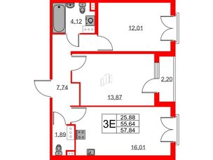 Квартира в ЖК Любоград, 2 комнатная, 55.64 м², 3 этаж