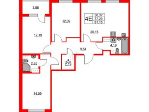Квартира в ЖК Любоград, 3 комнатная, 77.29 м², 2 этаж
