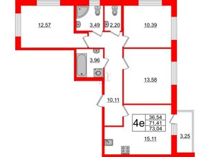 Квартира в ЖК ID Мурино 2, 3 комнатная, 73.04 м², 2 этаж