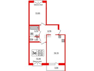 Квартира в ЖК ID Мурино 2, 2 комнатная, 61.69 м², 12 этаж
