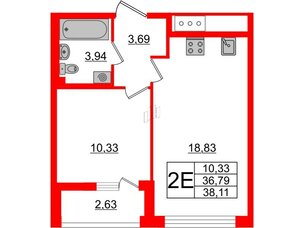 Квартира в ЖК Морская набережная 2, 1 комнатная, 38.11 м², 15 этаж