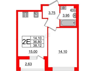 Квартира в ЖК Морская набережная 2, 1 комнатная, 38.12 м², 15 этаж