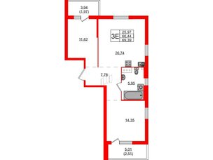 Квартира в ЖК Simple, 2 комнатная, 69.39 м², 2 этаж