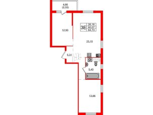 Квартира в ЖК Simple, 2 комнатная, 64.73 м², 3 этаж