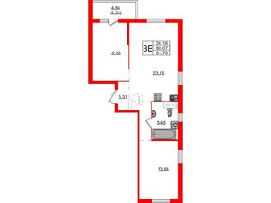 Квартира в ЖК Simple, 2 комнатная, 64.73 м², 4 этаж