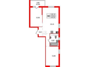 Квартира в ЖК Simple, 2 комнатная, 64.25 м², 17 этаж
