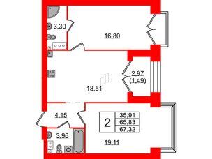 Квартира в ЖК Наука, 2 комнатная, 67.32 м², 9 этаж