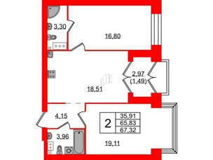 Квартира в ЖК Наука, 2 комнатная, 67.32 м², 12 этаж