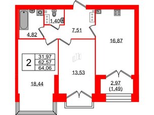 Квартира в ЖК Наука, 2 комнатная, 64.06 м², 13 этаж