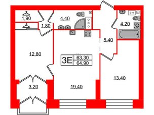 Квартира в ЖК Наука, 2 комнатная, 64.9 м², 9 этаж