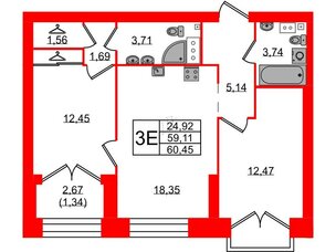 Квартира в ЖК Наука, 2 комнатная, 60.45 м², 10 этаж