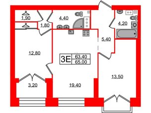 Квартира в ЖК Наука, 2 комнатная, 65 м², 12 этаж