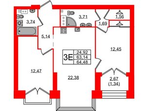 Квартира в ЖК Наука, 2 комнатная, 64.48 м², 12 этаж
