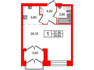 Квартира в ЖК Наука, 1 комнатная, 39.6 м², 11 этаж