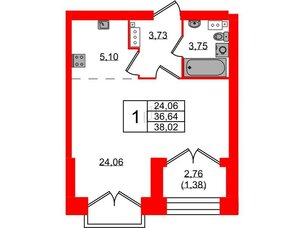 Квартира в ЖК Наука, 1 комнатная, 38.02 м², 12 этаж