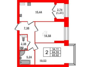 Квартира в ЖК Наука, 2 комнатная, 65.92 м², 7 этаж
