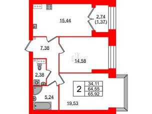 Квартира в ЖК Наука, 2 комнатная, 65.92 м², 9 этаж