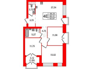Квартира в ЖК Наука, 3 комнатная, 83.87 м², 10 этаж