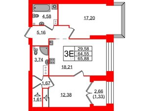 Квартира в ЖК Наука, 2 комнатная, 65.88 м², 10 этаж