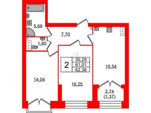 Квартира в ЖК Наука, 2 комнатная, 62.38 м², 10 этаж