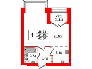 Квартира в ЖК Наука, 1 комнатная, 42.8 м², 4 этаж