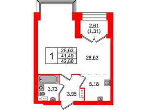 Квартира в ЖК Наука, 1 комнатная, 42.8 м², 5 этаж