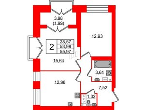 Квартира в ЖК Наука, 2 комнатная, 55.97 м², 7 этаж