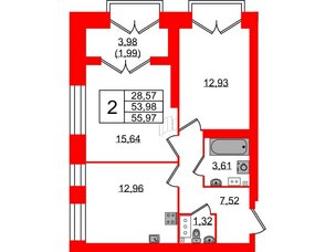 Квартира в ЖК Наука, 2 комнатная, 55.97 м², 10 этаж