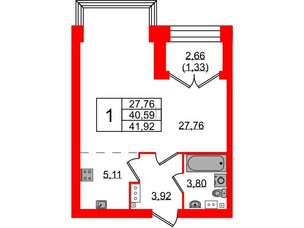 Квартира в ЖК Наука, 1 комнатная, 41.92 м², 5 этаж