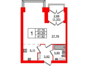 Квартира в ЖК Наука, 1 комнатная, 41.92 м², 11 этаж