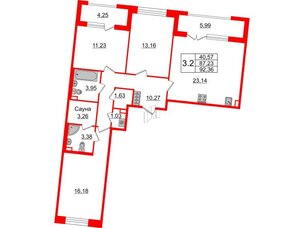 Квартира в ЖК «Amber Club на Васильевском», 3 комнатная, 87.23 м², 2 этаж