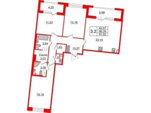 Квартира в ЖК «Amber Club на Васильевском», 3 комнатная, 86.39 м², 7 этаж