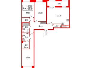 Квартира в ЖК «Amber Club на Васильевском», 3 комнатная, 92.43 м², 4 этаж
