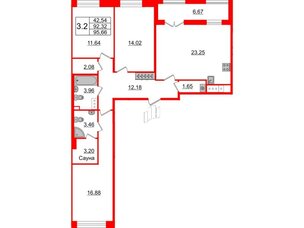 Квартира в ЖК «Amber Club на Васильевском», 3 комнатная, 92.32 м², 6 этаж