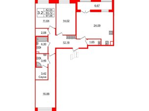 Квартира в ЖК «Amber Club на Васильевском», 3 комнатная, 93.72 м², 2 этаж