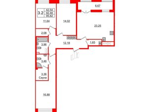 Квартира в ЖК «Amber Club на Васильевском», 3 комнатная, 92.48 м², 3 этаж