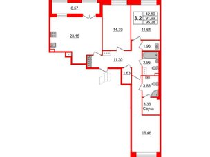 Квартира в ЖК «Amber Club на Васильевском», 3 комнатная, 91.99 м², 3 этаж